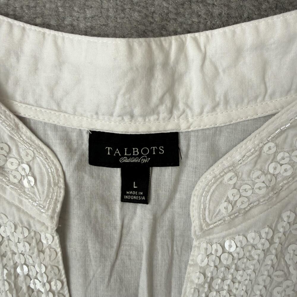 Talbots Blouse Womens Large White Sequin V Neck 3/4 Sleeve Tunic Top Cotton - Picture 4 of 9